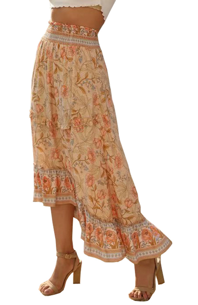 R.Vivimos Womens Summer Cotton Vintage Ruffled Asymmetric Floral Print Boho Casual Long Skirt