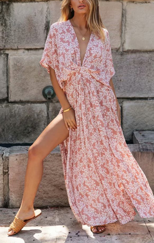 R.Vivimos Women's Summer Cotton Floral Print Deep V Neck Splits Midi Dress