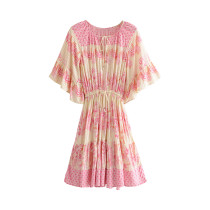 R.Vivimos Women's Summer Cotton Short Sleeve Ruffles Floral Print Mini Dress