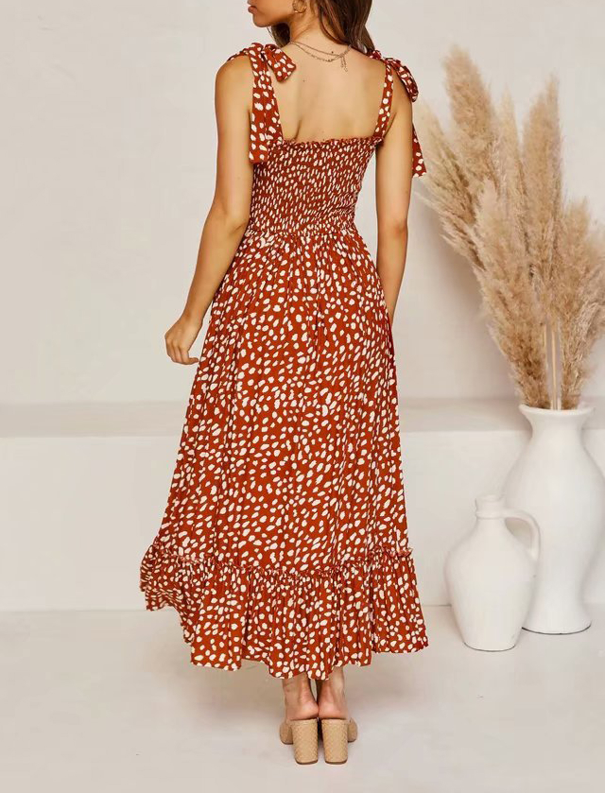 R.Vivimos Women's Summer Straps Cotton Irregular Polka Dot Ruffles Midi Dress 5