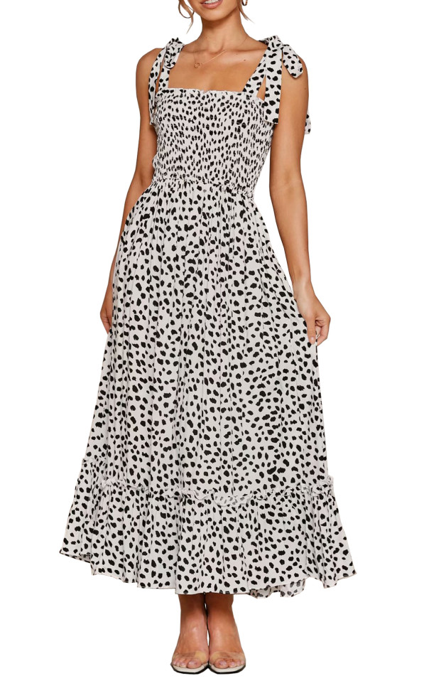 R.Vivimos Women's Summer Straps Cotton Irregular Polka Dot Ruffles Midi Dress