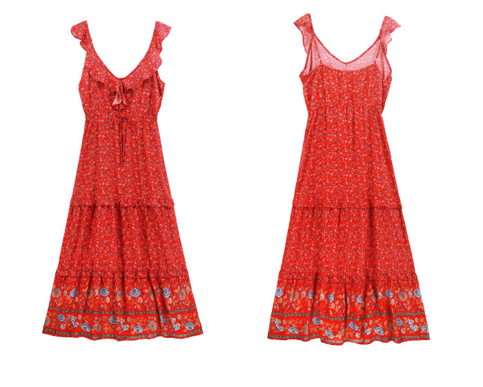 R.Vivimos Womens Summer Floral Print Cotton V Neck Ruffled Backless Dress