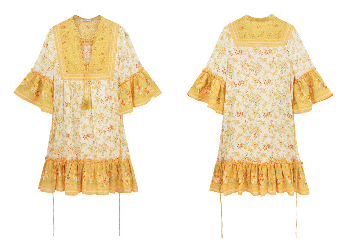 R.Vivimos Women's Summer Cotton Half Sleeve Ruffles V Neck Floral Print Tunic Dress