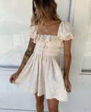 R.Vivimos Women's Summer Linen Short Sleeve Ruffled Floral Print Swing Dress