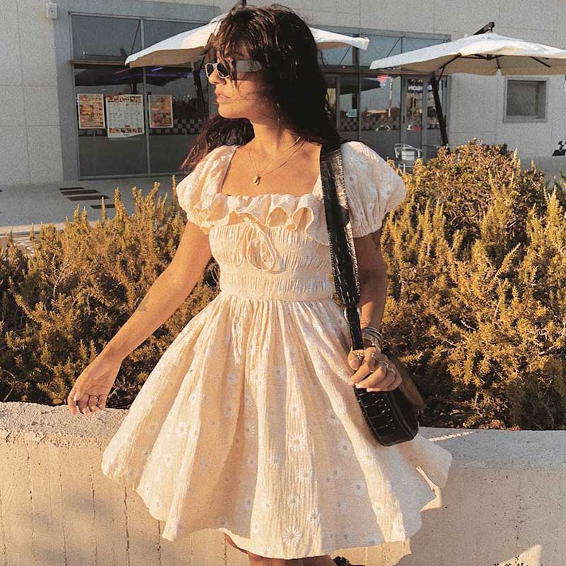 R.Vivimos Women's Summer Linen Short Sleeve Ruffled Floral Print Swing Dress4