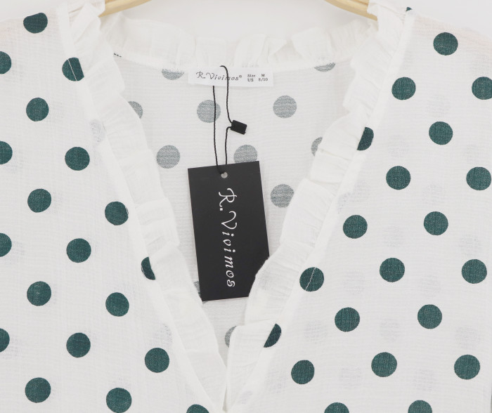 R.Vivimos Women's Long Sleeve Chiffon Polka Dot Button UP Shirt Ruffles Blouse Tops