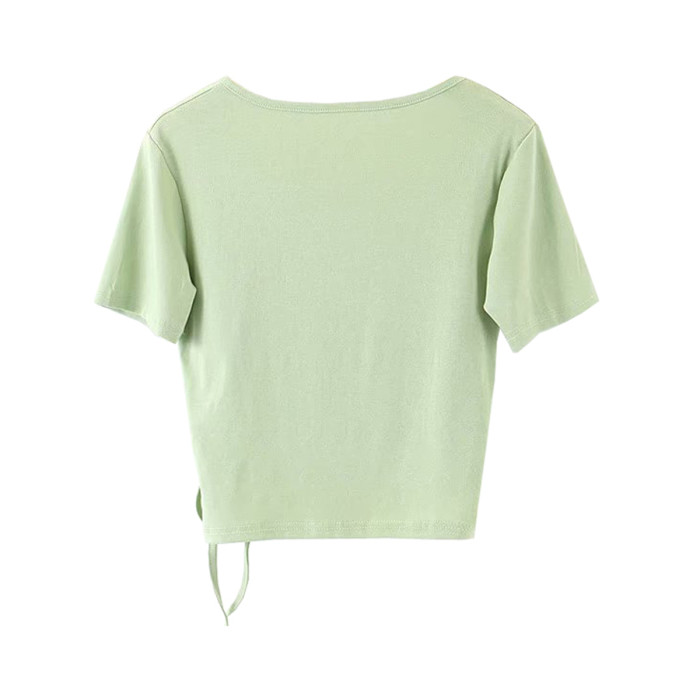 R.Vivimos Women's Summer Short Sleeve Deep V Neck Knot Front Wrap Crop Top Tee T-Shirt