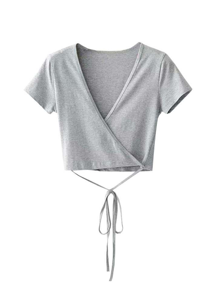 R.Vivimos Women's Summer Short Sleeve Deep V Neck Knot Front Wrap Crop Top Tee T-Shirt