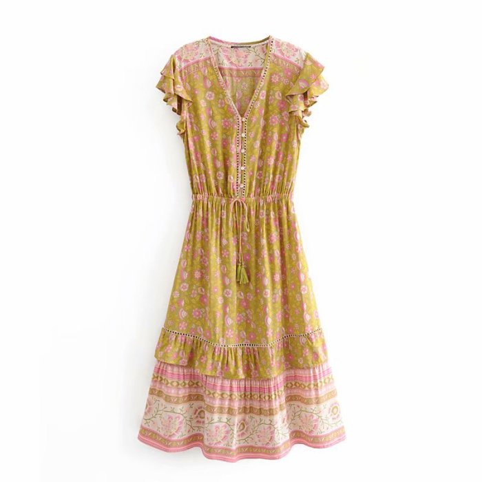 R.Vivimos Women's Summer Cotton Short Sleeve Ruffled Button Up Floral Print Midi Dress
