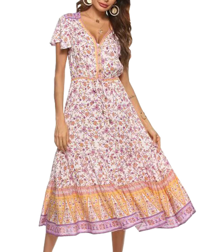 R.Vivimos Women Summer Cotton Short Sleeves Floral Print Buttons A Line Flowy Midi Dress