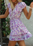 R.Vivimos Women Summer Cotton V-Neck Buttons Ruffled Layered Hem A Line Mini Dress