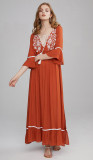 R.Vivimos Womens Casual Dresses V Neck Floral Embroidered Bell Sleeve Beach Style Long Maxi Dress