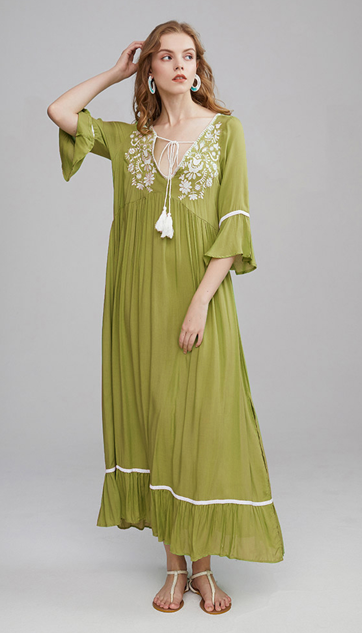 R.Vivimos Womens Casual Dresses V Neck Floral Embroidered Bell Sleeve Beach Style Long Maxi Dress4