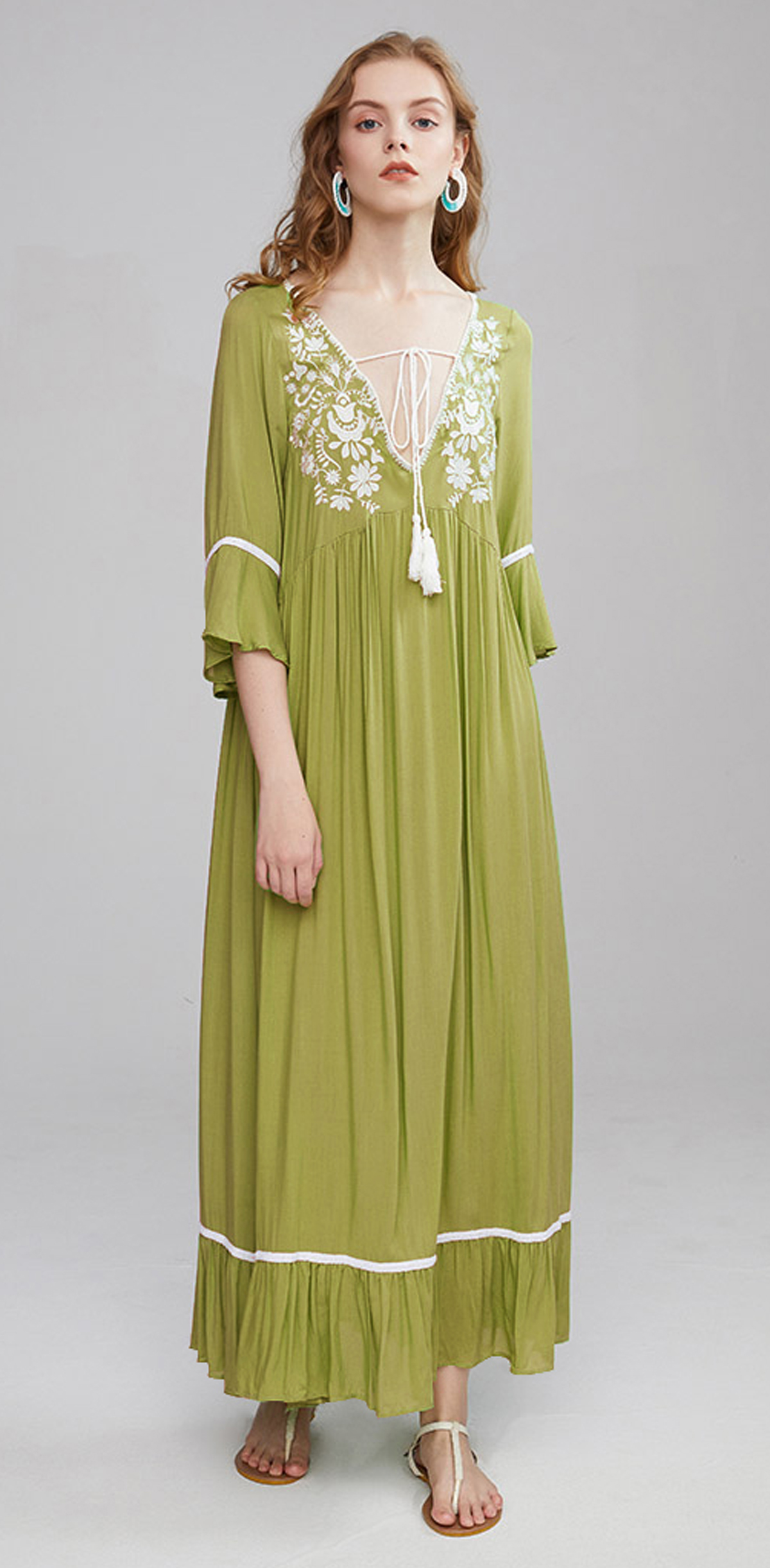 R.Vivimos Womens Casual Dresses V Neck Floral Embroidered Bell Sleeve Beach Style Long Maxi Dress2