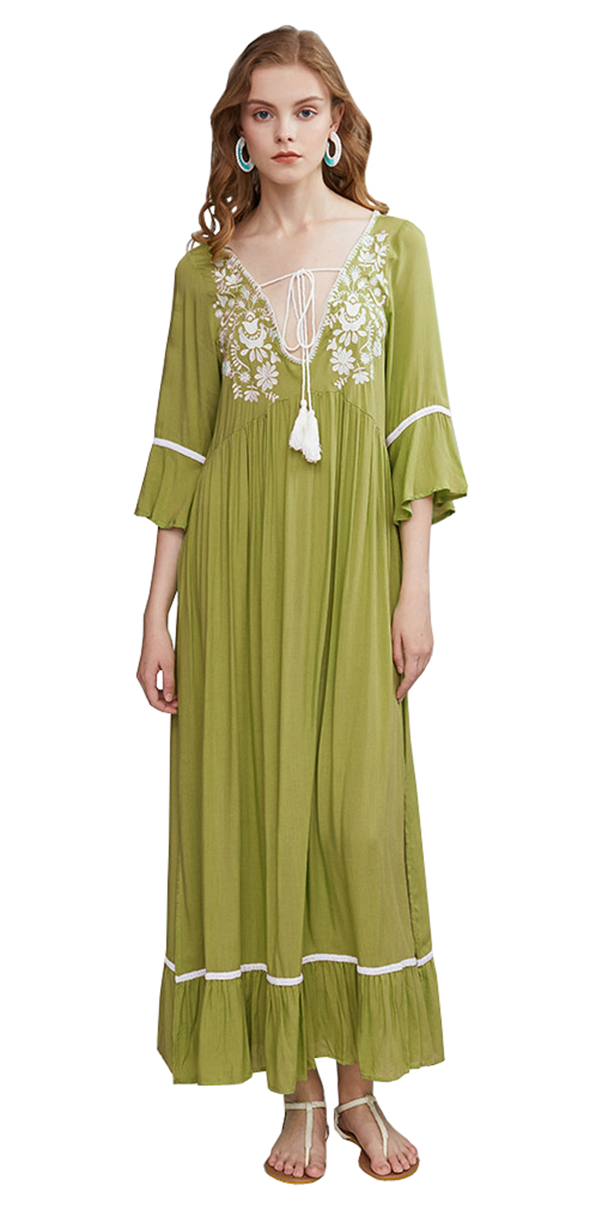 R.Vivimos Womens Casual Dresses V Neck Floral Embroidered Bell Sleeve Beach Style Long Maxi Dress