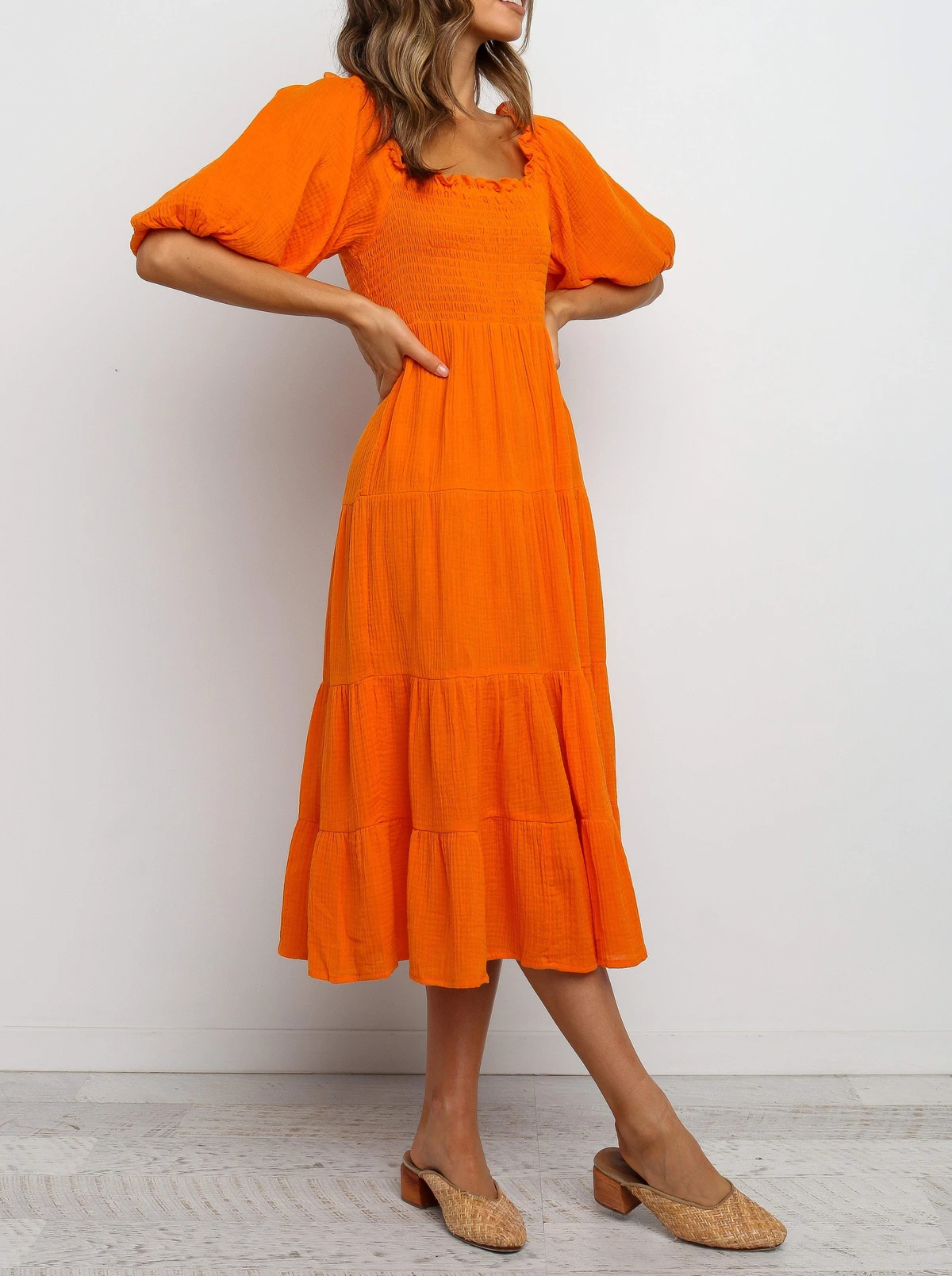 R.Vivimos Women's Summer Linen Lantern Sleeves Ruffled Off Shoulder A-Line Midi Dresses4