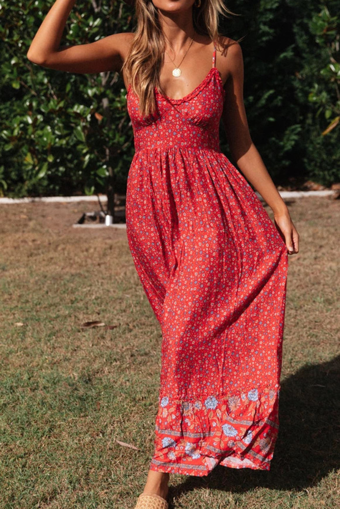 R.Vivimos Women's Summer Dress Cotton Spaghetti Straps V Neck Floral Print Midi Dress
