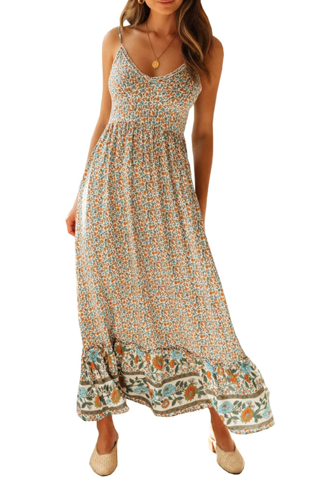 R.Vivimos Women's Summer Dress Cotton Spaghetti Straps V Neck Floral Print Midi Dress