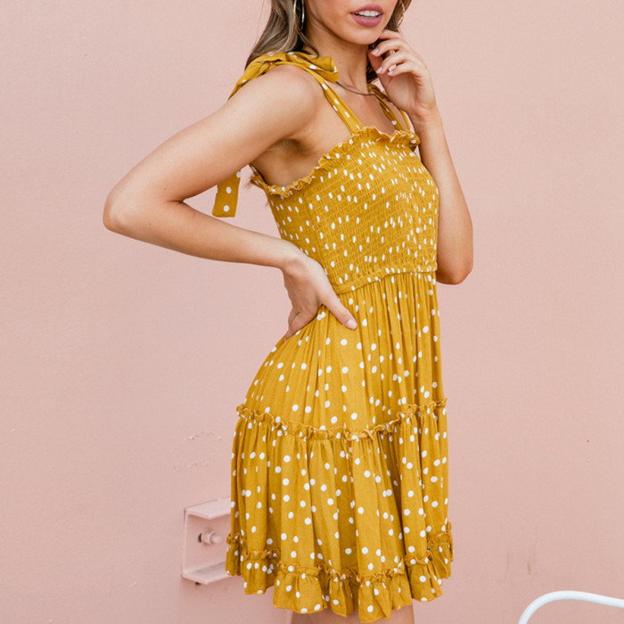 R.Vivimos Women's Summer Cotton Straps Polka Dot Ruffled Swing A-Line Mini Dresses