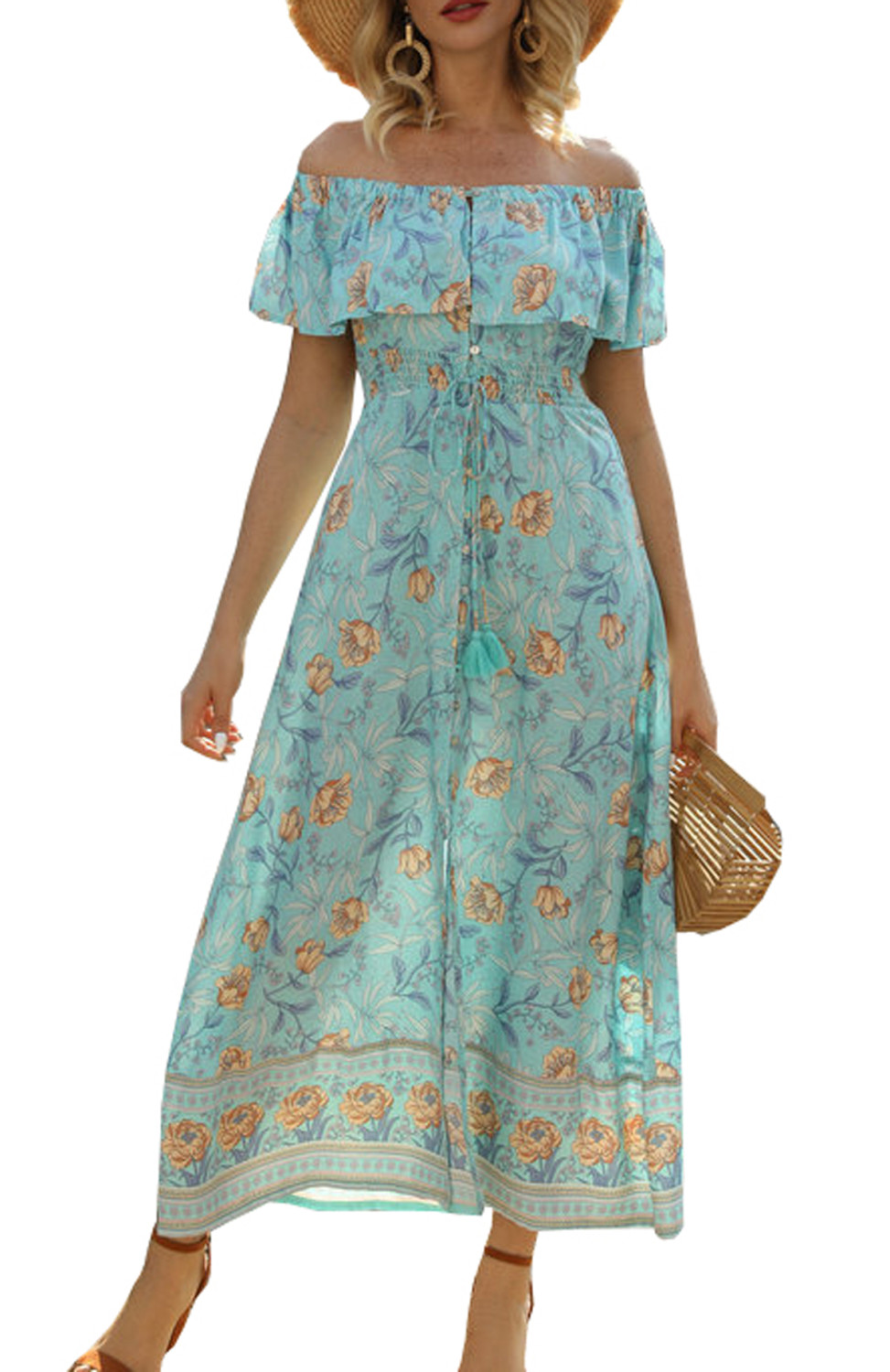 off the shoulder button up dress