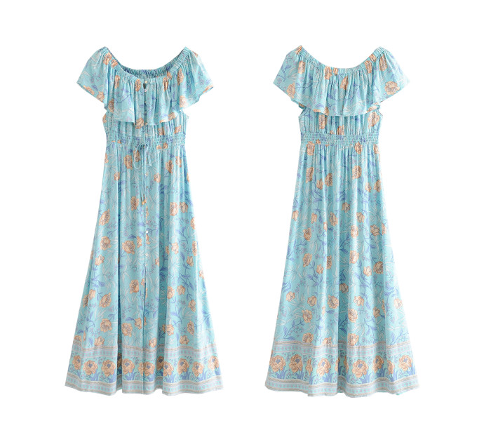 R.Vivimos Women's Summer Floral Print Cotton Off Shoulder Button Up Ruffled Midi Dress with Slit