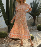 R.Vivimos Women's Summer Floral Print Cotton Off Shoulder Button Up Ruffled Midi Dress with Slit