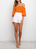 R.Vivimos Women's Summer Linen Short Sleeves Off The Shoulder Crop Tops Ruffle Slim Blouses