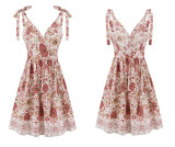 R.Vivimos Women Summer Spaghetti Straps Cotton Floral Print Backless V Neck Swing Mini Dress