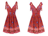 R.Vivimos Women Summer Spaghetti Straps Cotton Floral Print Backless V Neck Swing Mini Dress