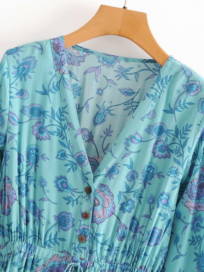 R.Vivimos Women's  Cotton Long Sleeve Ruffles V Neck Buttons Floral Print Mini Dress