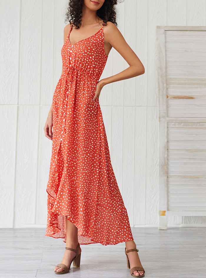 R.Vivimos Women's Summer Spaghetti Straps Polka Dot Print Button Up Ruffle Boho Beach Midi Dress