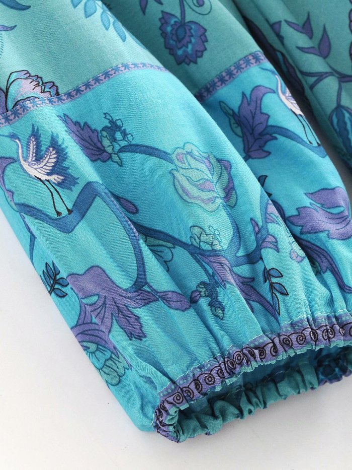 R.Vivimos Women's  Cotton Long Sleeve Ruffles V Neck Buttons Floral Print Mini Dress
