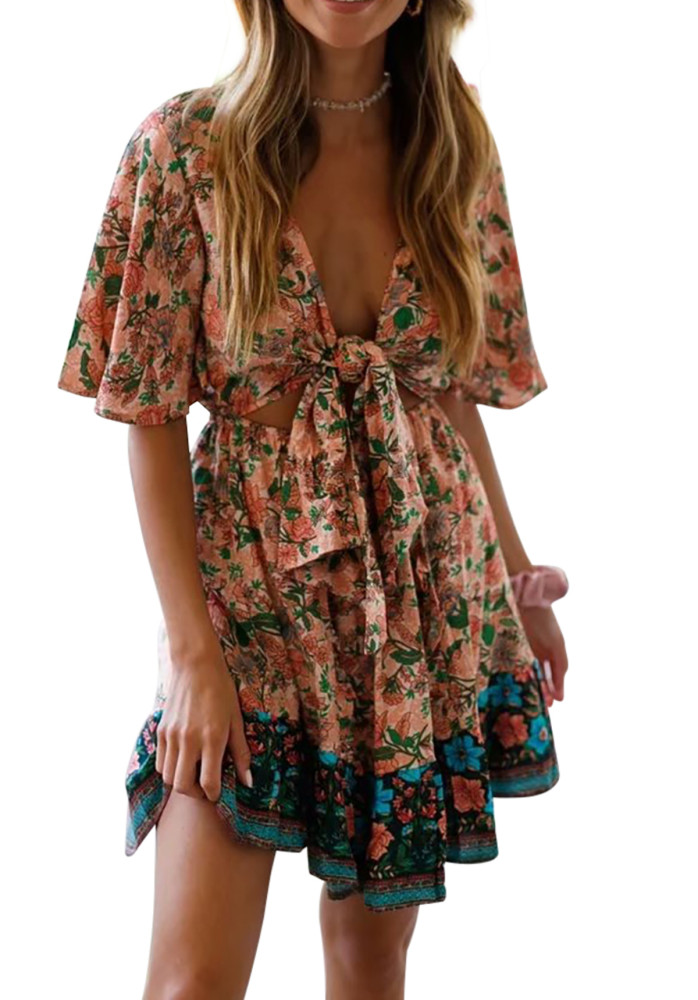 R.Vivimos Women's Summer Short Sleeves Floral Print Tie Front A Line Ruffle Boho Beach Mini Dress