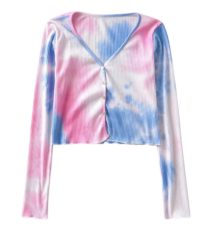 R.Vivimos Women's Autumn Long Sleeves Tie dye Button Down V-Neck Cropped Cardigan Knitted Sweater