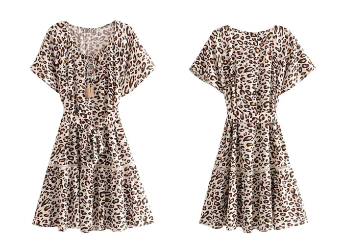 R.Vivimos Women's Summer Cotton V-Neck Casual Waist Tie Leopard Floral Swing Mini Dress