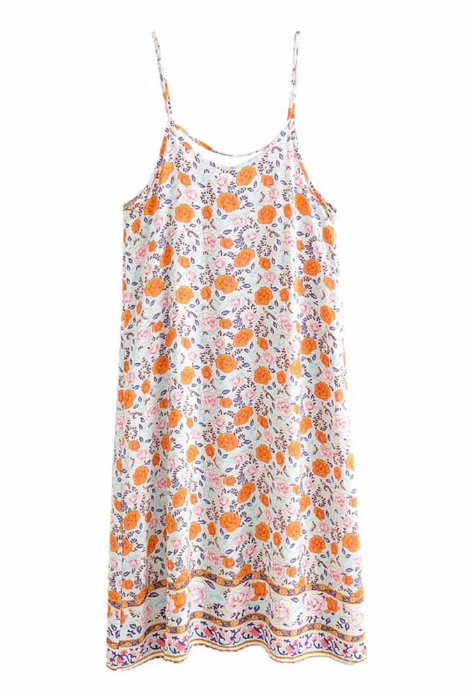 R.Vivimos Women's Summer Cotton Spaghetti Straps Floral Casual Beach Boho V Neck Midi Dresses