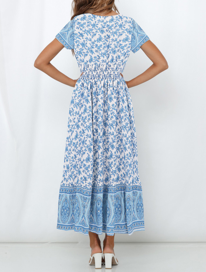 R.Vivimos Women's Summer Short Sleeve Cotton Print Button Up Bohemian Midi Dress