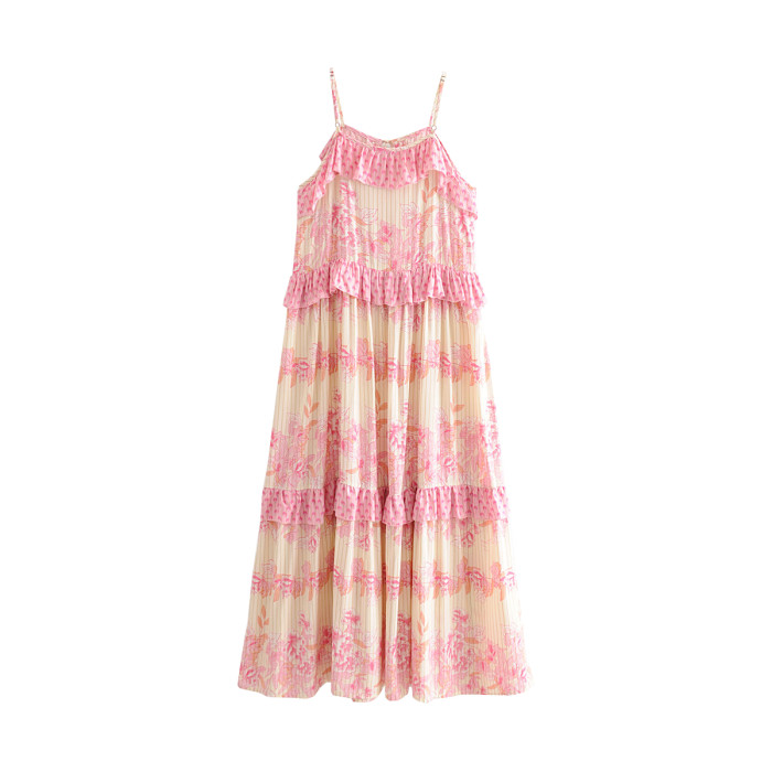 R.Vivimos Women's Summer Cotton Floral Print Spaghetti Straps Ruffled Backless Midi Dress