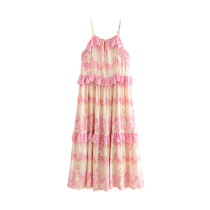 R.Vivimos Women's Summer Cotton Floral Print Spaghetti Straps Ruffled Backless Midi Dress
