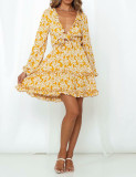 R.Vivimos Women's Fall Tie Front Long Sleeves V-Neck Ruffle Casual Floral Print Boho Swing Mini Dress