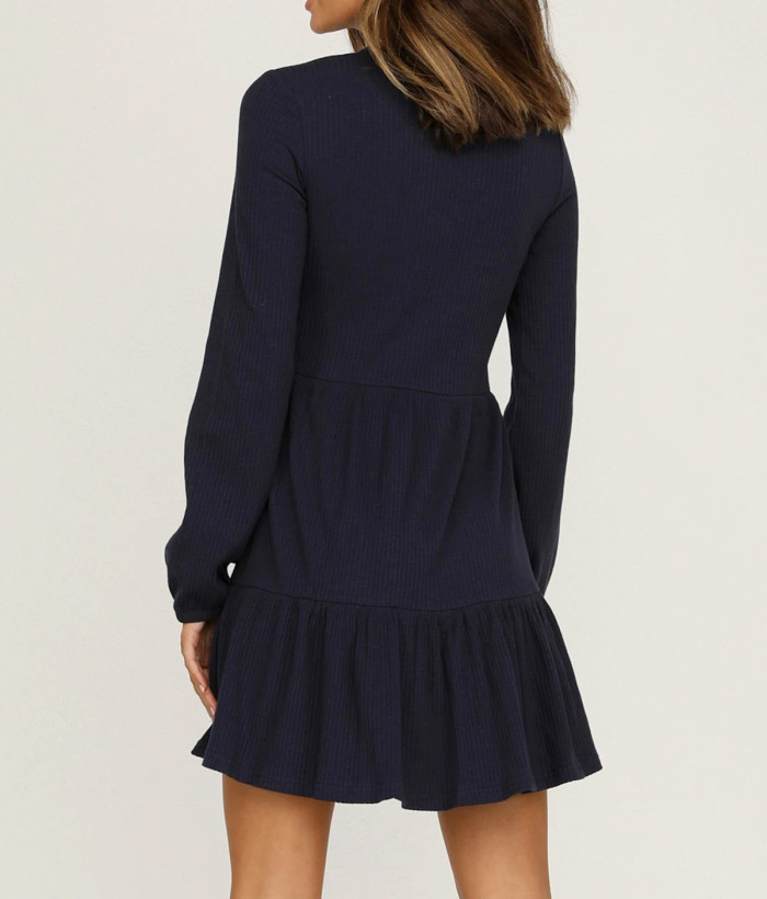 R.Vivimos Women's Fall Winter Cotton Long Sleeves Ruffle Casual Knit Sweater Swing Flare Mini Dress