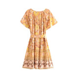 R.Vivimos Women's Summer Cotton Ruffles V-Neck Casual Waist Tie Floral Print Mini Dress