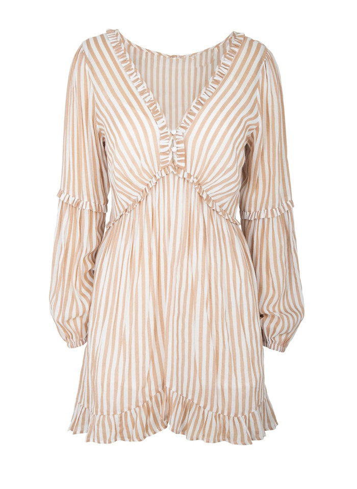 R.Vivimos Women's Cotton Long Sleeves V Neck Button Up Striped Ruffled Casual Boho Mini Dress