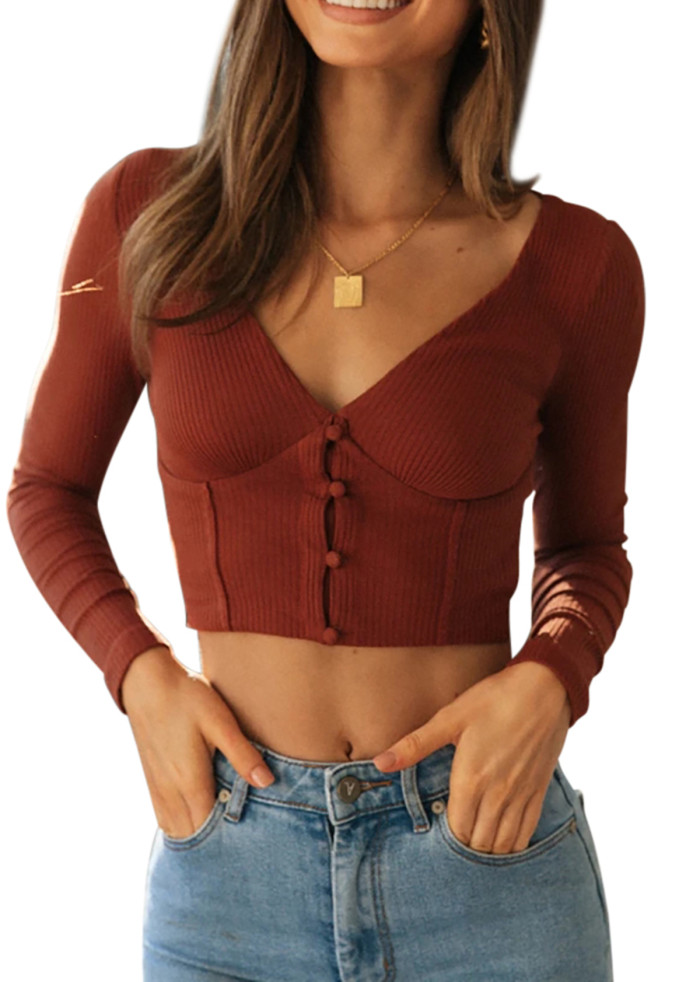 R.Vivimos Women Fall Basic Long Sleeves V Neck Button Down Ribbed Knit Crop Sweater Blouses Tops