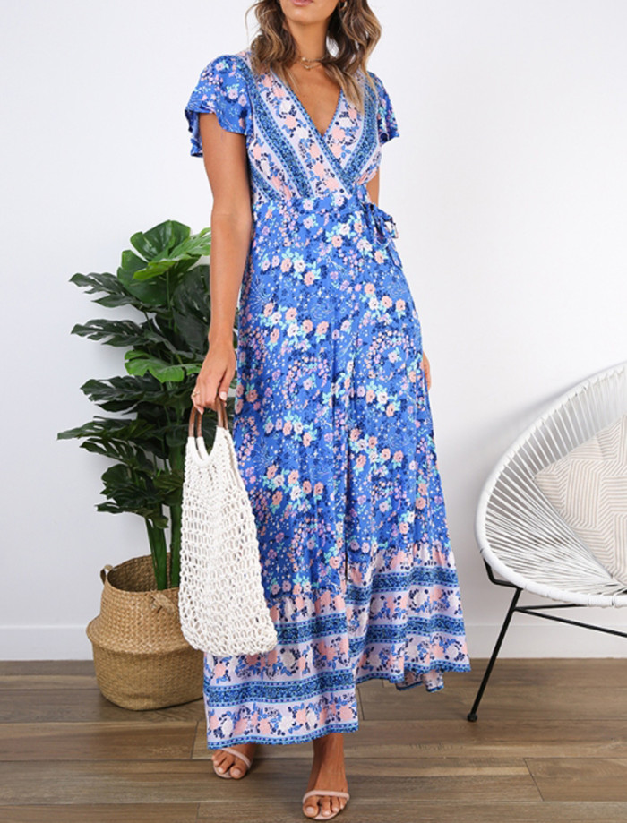 R.Vivimos Women's Summer Short Sleeve Floral Print Bohemian Beach Waist Tie Wrap Long Flowy Dress with Slit