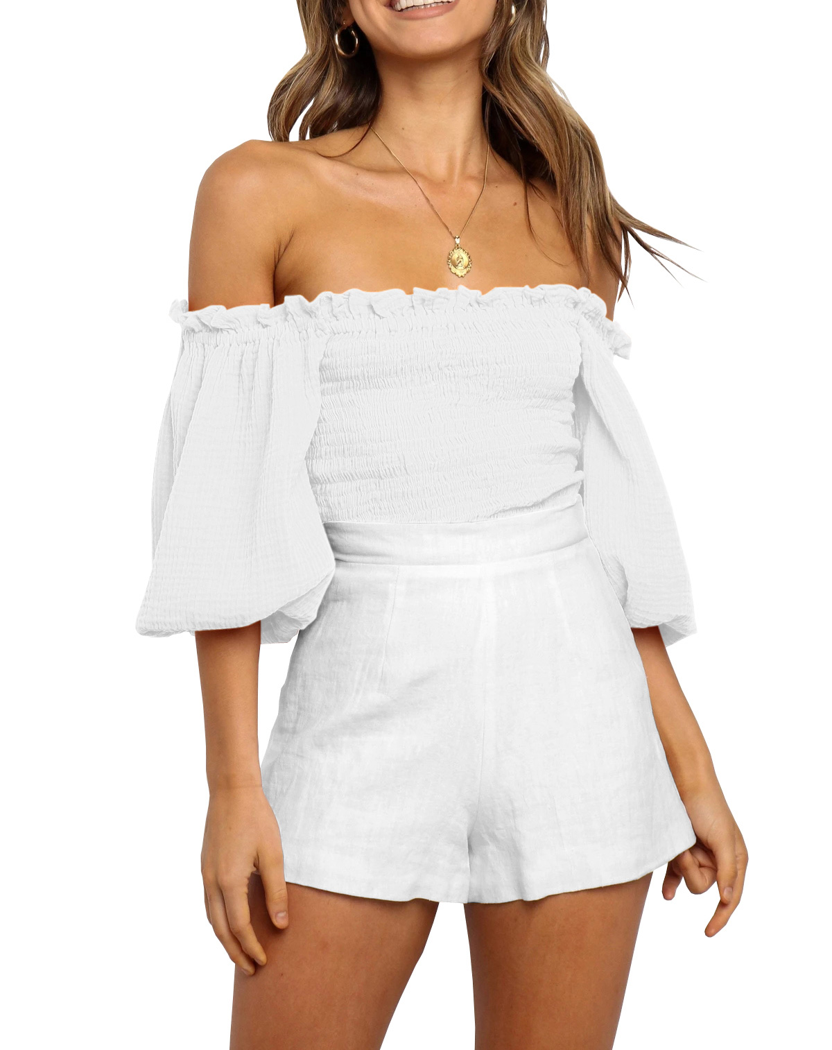 R.Vivimos Women's Summer Linen Short Sleeves Off The Shoulder Crop Tops Ruffle Slim Blouses