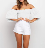 R.Vivimos Women's Summer Linen Short Sleeves Off The Shoulder Crop Tops Ruffle Slim Blouses