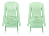 R.Vivimos Women's Winter Long Sleeve Ruched Drawstrings Knit Stretchy Bodycon T Shirt Mini Dresses