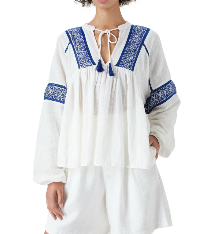 R.Vivimos Womens Summer Fall Linen Long Sleeves V-Neckline Embroidery Casual Tunic Blouses
