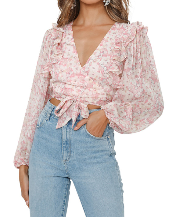 R.Vivimos Women's Chiffon Long Sleeves Floral Print Ruffled Boho V-Neck Wrap Crop Blouses Tops
